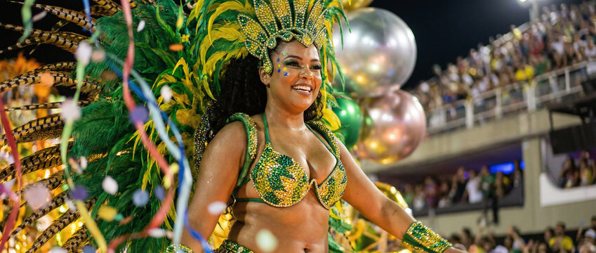 a Black woman in a vibrant green and yellow carnival costume, with large feathered headdress, beaded bra, and gloves. She's smiling, surrounded by colorful balloons and confetti.