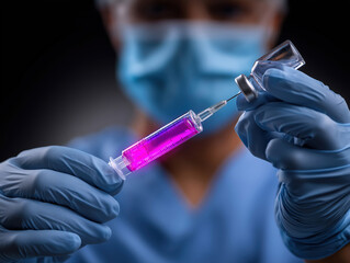 Health worker prepares vaccine with colorful liquid in syringe