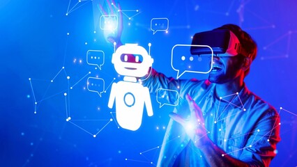 A user experiences virtual reality while interacting with a friendly AI chatbot in a vibrant digital realm, showcasing innovation and immersive technology. Raster