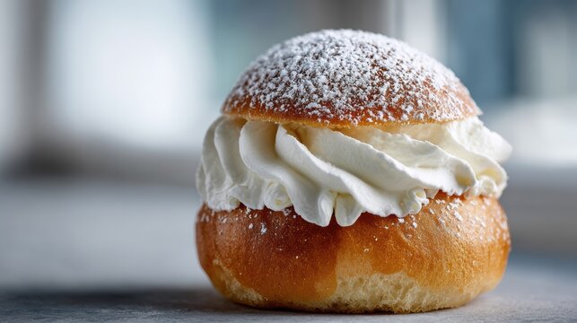 swedish semla bun, a swedish semla bun made with cardamom brioche, whipped cream, and almond paste, dusted with powdered sugar