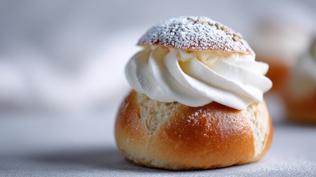 nordic pastry art, a swedish semla bun, a cardamom-scented brioche with whipped cream and almond paste in soft nordic light, is vibrant