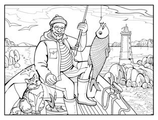 Drawing of a pensioner relaxes while fishing and enjoys the fish he caught. Entertainment for seniors in Brittany. Coloring book for children and adults. Black and white hand drawn vector illustration