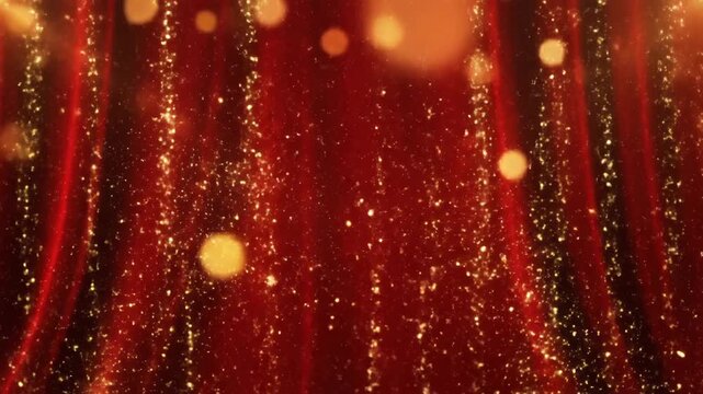 Abstract red curtain background with golden bokeh lights and sparkles
