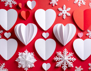 Paper hearts and snowflakes arranged on a vibrant red background for a festive feel