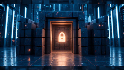 Secure digital tunnel with glowing lock in futuristic server room