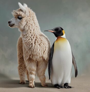 Alpaca and penguin standing together representing contrast, harmony, unlikely friendship and playful wildlife studio concept portrait
