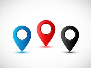 Three colorful map markers red blue and black pinpoint location symbols