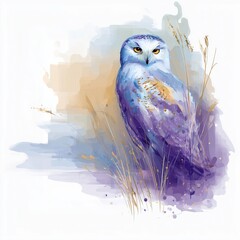 Watercolor illustration of snowy owl with golden accents and soft abstract background, isolated on a white background