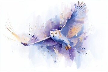 Watercolor illustration of snowy owl with golden accents and soft abstract background, isolated on a white background