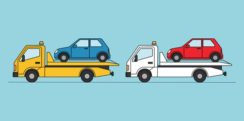 Naklejka premium Tow Truck Service Illustration with Flatbed Recovery Vehicles; Yellow and White Towing Trucks Carrying Broken Down Cars for Roadside Assistance, Emergency Repair, and Logistics Vector Design