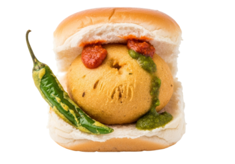 spiced falafel burger in soft bun with green chutney and red chutney