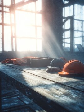 construction safety equipment placed on weathered wooden boards inside a deserted warehouse illuminated by sunlight streaming through the windows