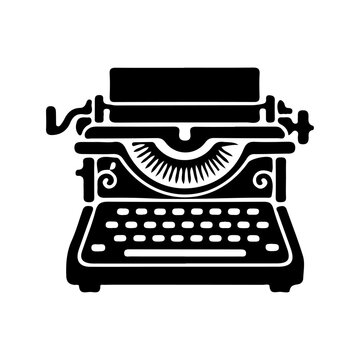 Vintage manual typewriter silhouette, classic retro writing machine vector illustration, author and journalist storytelling symbol, black and white antique office equipment emblem isolated