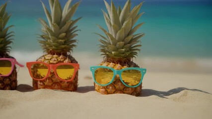 Three Pineapples Wearing Sunglasses at Tropical Beach on Summer Day - Powered by Adobe