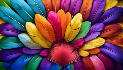 a vibrant display of colorful feathers arranged in a fan like pattern showcasing a spectrum of vivid hues the feathers radiating from a central point