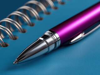 Colorful pen and notebook on blue background with spiral binding