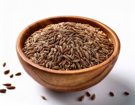 a rustic wooden bowl filled with whole cumin seeds on a white background