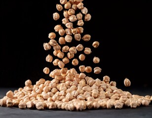dried chickpeas falling and forming a pile against a black background