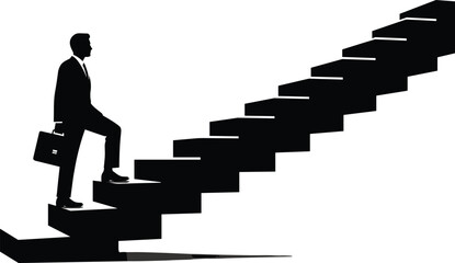 Businessman climbing stairs of success, career growth concept, leadership ambition, professional progress, motivation, achievement, corporate ladder illustration silhouette