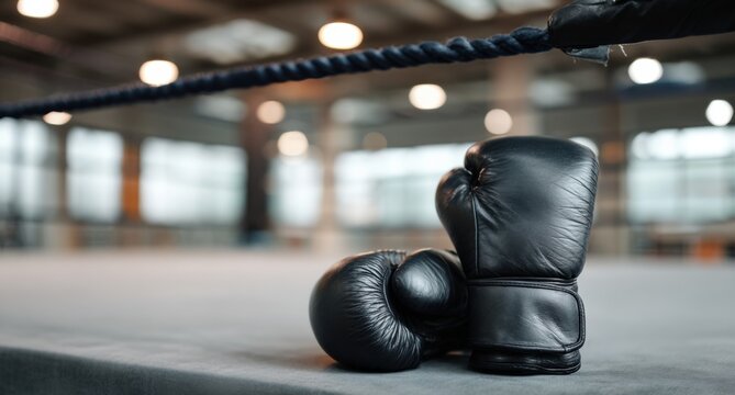 Black boxing gloves in empty boxing ring with ropes and lights blurred background - Powered by Adobe