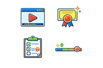 Set of four modern icons representing online learning and achievements
