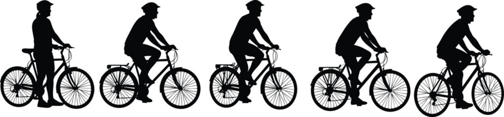 Naklejka premium Cyclist silhouettes sequence, bicycle riding stages, urban commuting concept, healthy lifestyle sport activity, male rider motion cycle isolated vector illustration