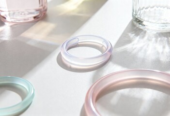 Translucent jelly rings on white surface with strong shadows. Colorful silicone circles in pink and blue. Minimalist abstract background with light refraction