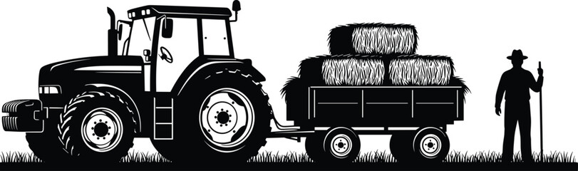 Farm tractor hauling hay bales, rural agriculture harvest concept, countryside farmer transport, organic food production illustration, silhouette graphic design © Best Design221