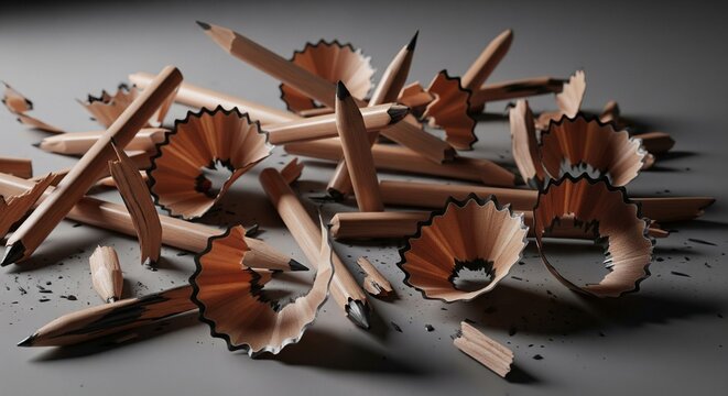High-angle shot of a chaotic pile of sharpened wooden pencils and spiral wood shavings on a grey surface with dramatic lighting - Powered by Adobe