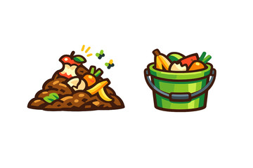 Composting icons: compost pile and bucket of food scraps