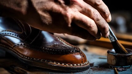 Craftsman expertly applies adhesive to leather shoe sole demonstrating traditional shoe repair techniques for enhanced durability and extended footwear life.