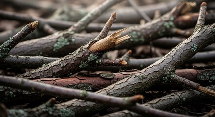 Fototapeta premium Close-up of a pile of dry tree branches and twigs with textured bark and green lichen. Selective focus on a broken branch tip.