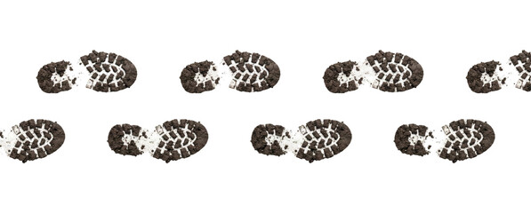 A collection of muddy boot prints resembling cookies on a, transparent background