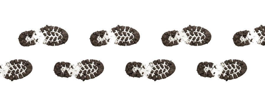 A collection of muddy boot prints resembling cookies on a, transparent background