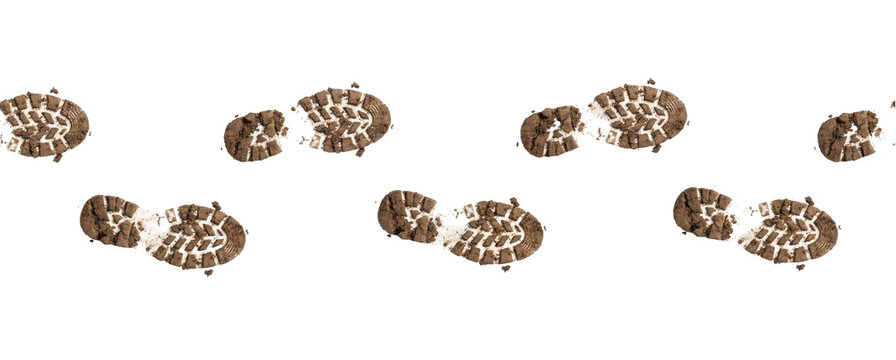 Multiple muddy boot prints, transparent background