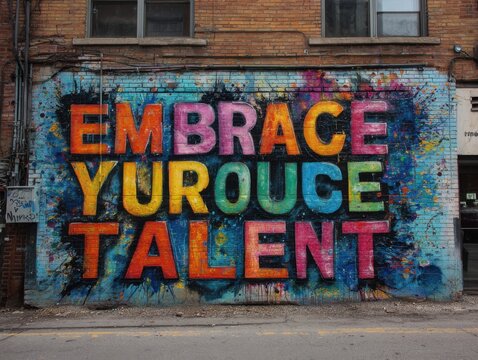 vibrant urban wall adorned with a colorful message embrace your unique talent in bold graffitistyle surrounded by dynamic paint splatters highlighting individual creativity and selfexpression - Powered by Adobe