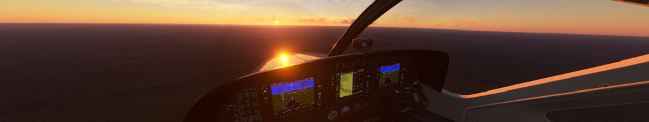 Sunset on the cockpit of an airplane