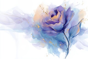 Watercolor illustration of abstract purple flower with golden accents and soft flowing shapes, isolated on a white background
