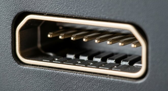 Macro of digital electronic port.
Macro shot of a golden-colored electronic connector port, likely HDMI or DisplayPort, embedded in a black casing