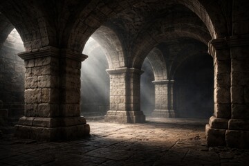 Fototapeta premium Sunlight streams through openings in stone arches inside an underground chamber with textured walls and a stone floor.