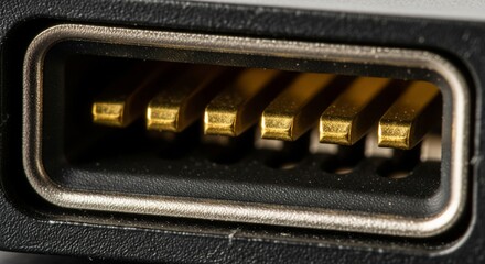 Macro of gold-plated electronic connector pins in black housing
Macro shot of multiple gold-plated connector pins arranged in rows within a black plastic housing. Sharp focus on the foreground pins wi