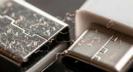 Extreme macro of two USB-C connectors covered in thick dust, lint, and debris, highlighting the need for cleaning electronics