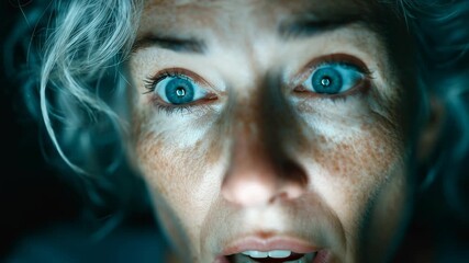 A cinematic background of a senior woman's face in extreme close-up, showing fear and shock in her wide-open eyes. Perfect for creating horror or thriller movie scenes.