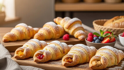 Beautiful gluten-free medialunas and bread on a wooden board.