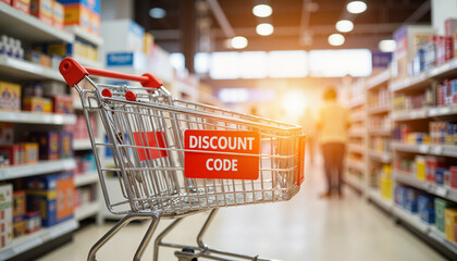 Discount code on shopping cart in bright retail store, shopping concept