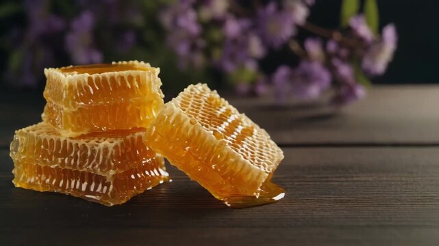 Golden Honeycomb Pieces Stacked on Dark Wood Table with Purple