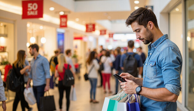 Man checking watch with shopping bags in crowded mall, shopping rush