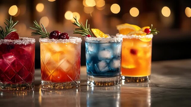 A festive background of colorful craft cocktails on a bar with beautiful bokeh lights. Perfect for creating videos about mixology, parties, or celebrations.