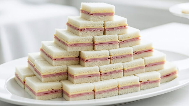 Traditional Argentinian Miga Sandwich. A stack of sandwiches carefully arranged on a white platter. Catering style.