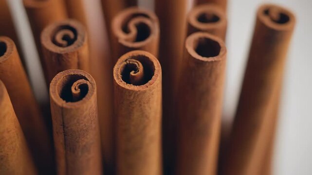 Cinnamon Sticks Grouped Together Close Up on a White Surface Still